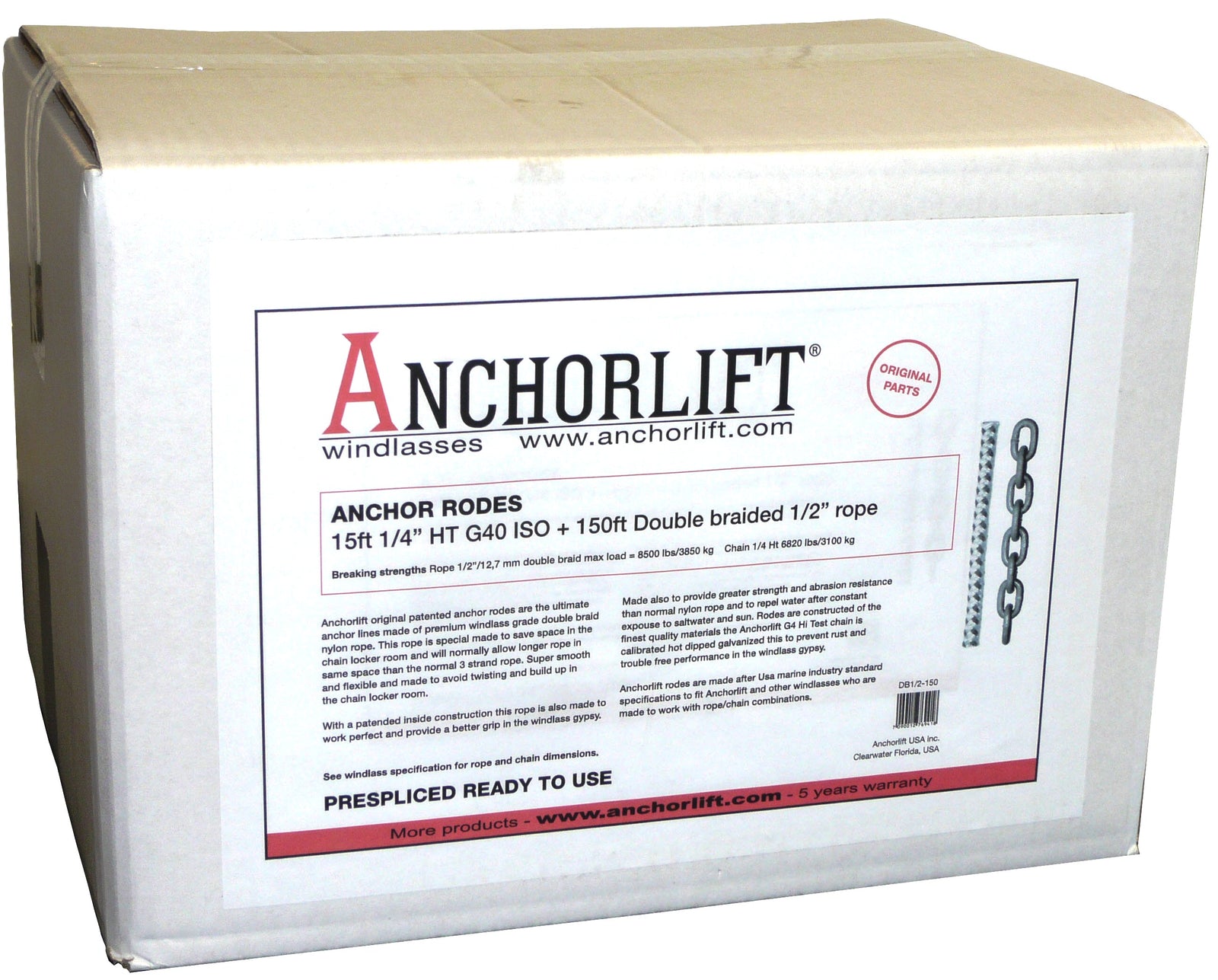 Anchorlift Double Braided Nylon Rope Spliced with Stainless Chain - Box
